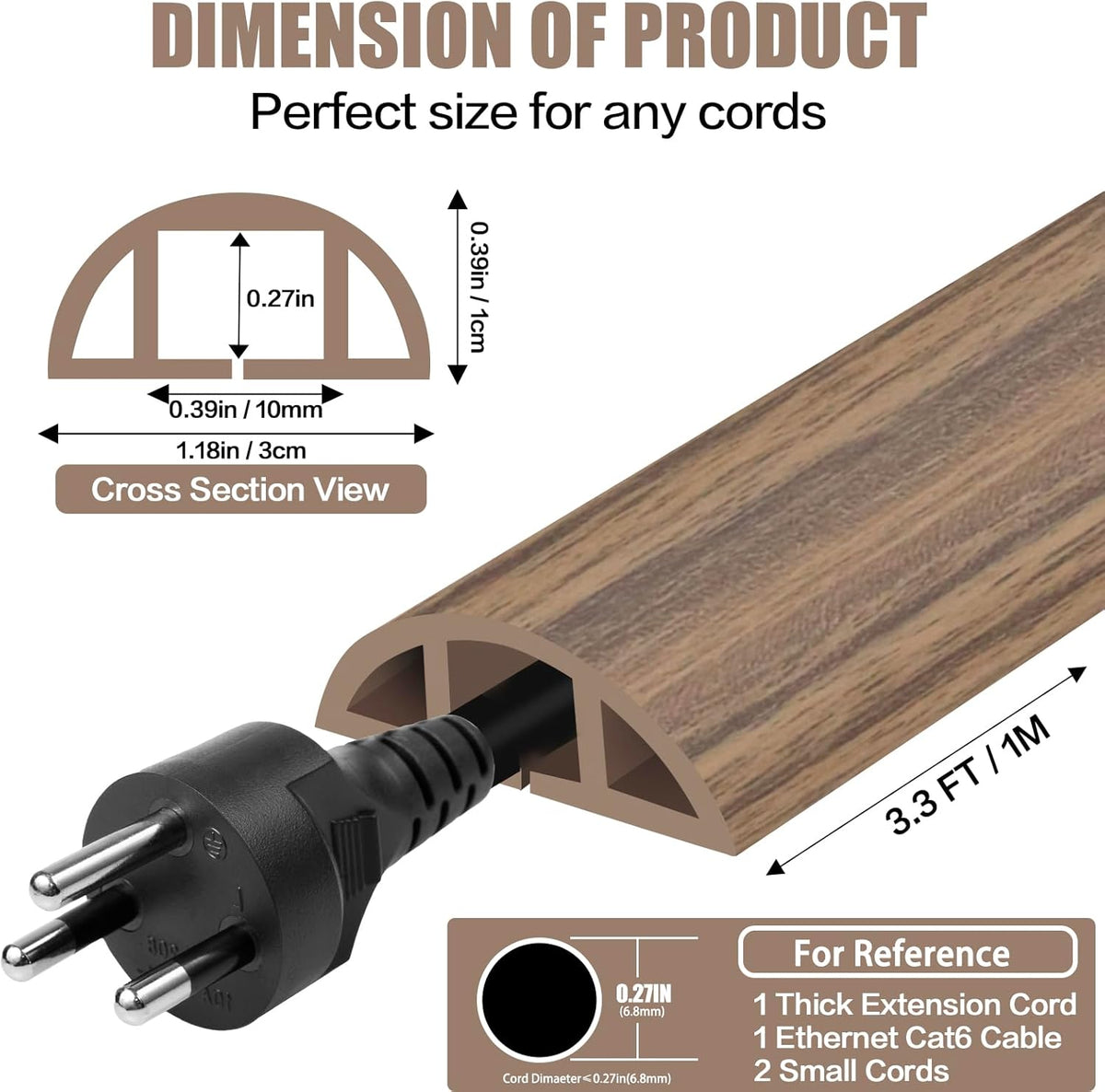 Floor Cord Cover Self Adhesive Cord Hider,3.3FT Cable Management, Extension Strip Protector for Wires, Prevent Cable Trips for Offices, Gyms, Exhibitions Cavity:0.39"(W) x0.27(H) Woodsmokedbrown