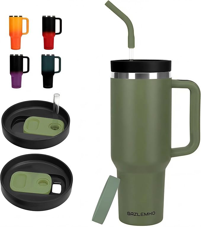 40oz Tumbler with Handle and Straw Spout 2-in-1 Lid, Spill Leak Proof Insulated Travel Cup Traveler Water Mug Keep Cold Hot, Dishwasher Safe Stainless Steel Bottle Gifts for Women Men, Army Green