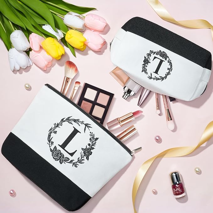 Personalized Christmas Gifts for Women, Initial Canvas Tote Bag & Makeup Bag