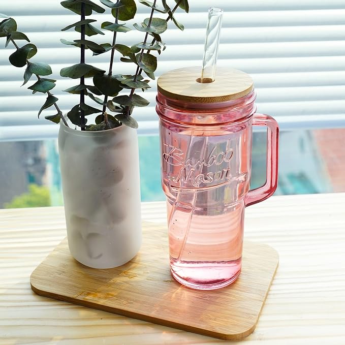 ANOTION Glass Cups with Handle, 24oz Glass Cups with Lids and Straws Travel Coffee Mug Bamboo Mason Jar Iced Cup Smoothie Tea Clear Cute Water Drinking Jars Glasses