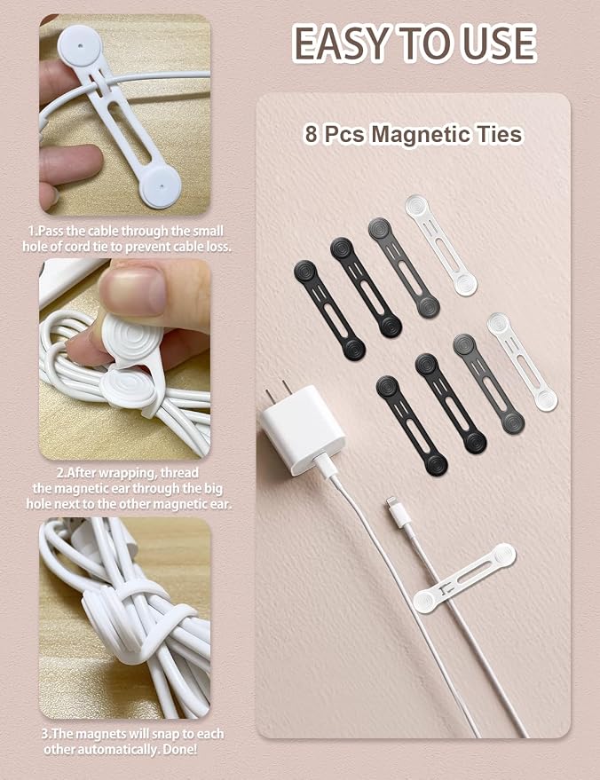 Kanemc 8 Pack Magnetic Twist Ties, Silicone Cord Organizer Magnet Reusable