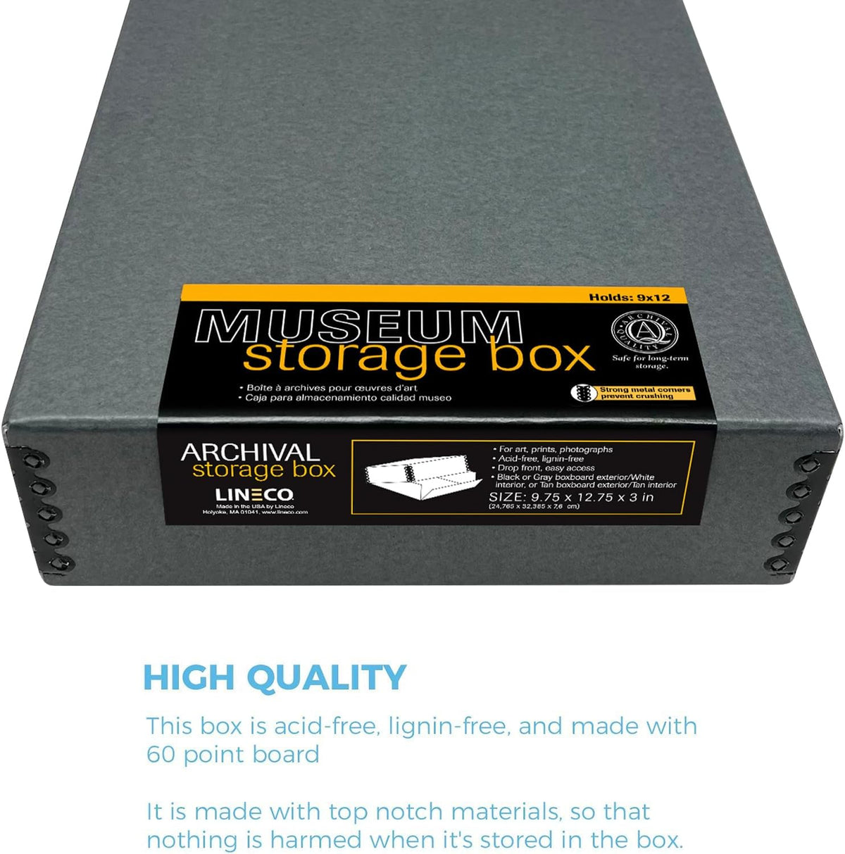 Lineco Museum Archival Storage Box, 9.75x12.75x3 in. Drop Front Design. Acid-Free with Metal Edge. Organize Photos, Pictures, Prints, Documents, Crafts, DIY. Gray, 1 Pack