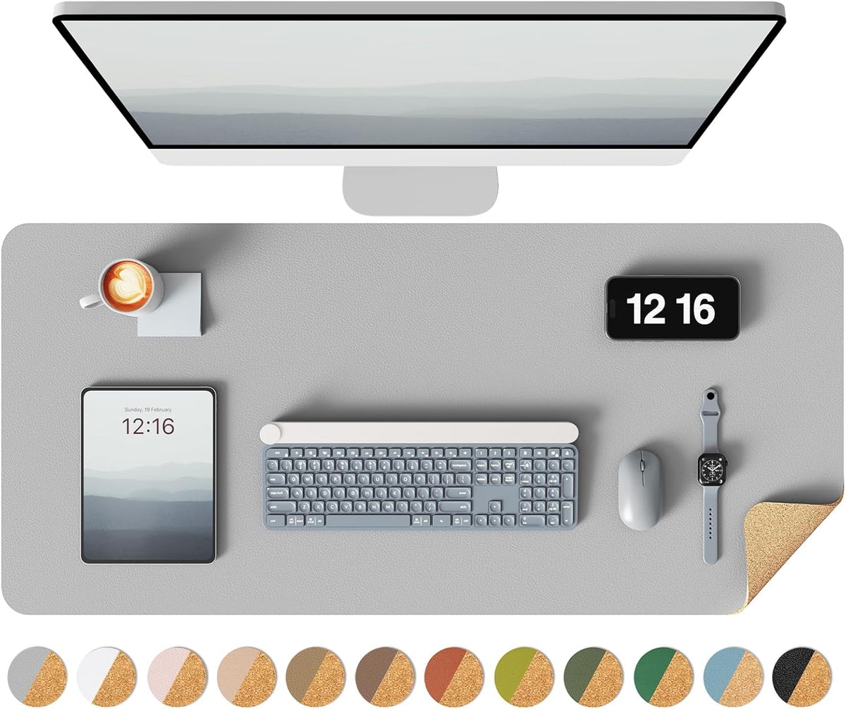 YSAGi Double-Sided Desk Pad, 31.5"x15.7"Leather Desk Mat, Eco Cork Desk Pad Protector,Large Mouse Pad,Waterproof Desk Blotter for Office/Home(Grey)