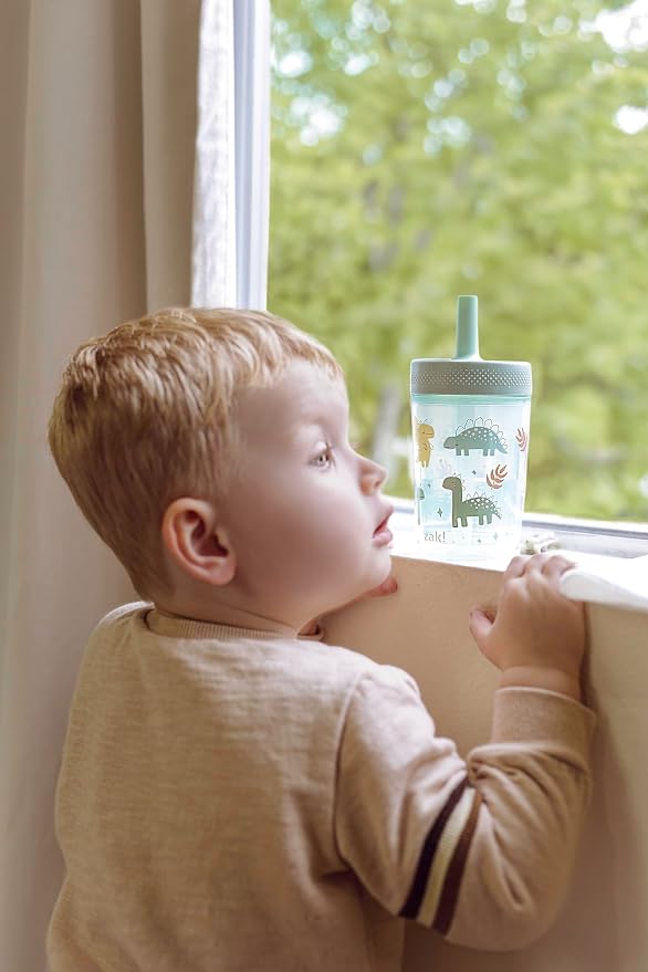 Zak Designs Capri Toddler Tumblers For Travel or At Home, 9oz 2-Pack Double Wall Plastic Sippy Cups With Leak-Proof Design is Perfect For Kids (Dino Buddies, Bubble Bay)