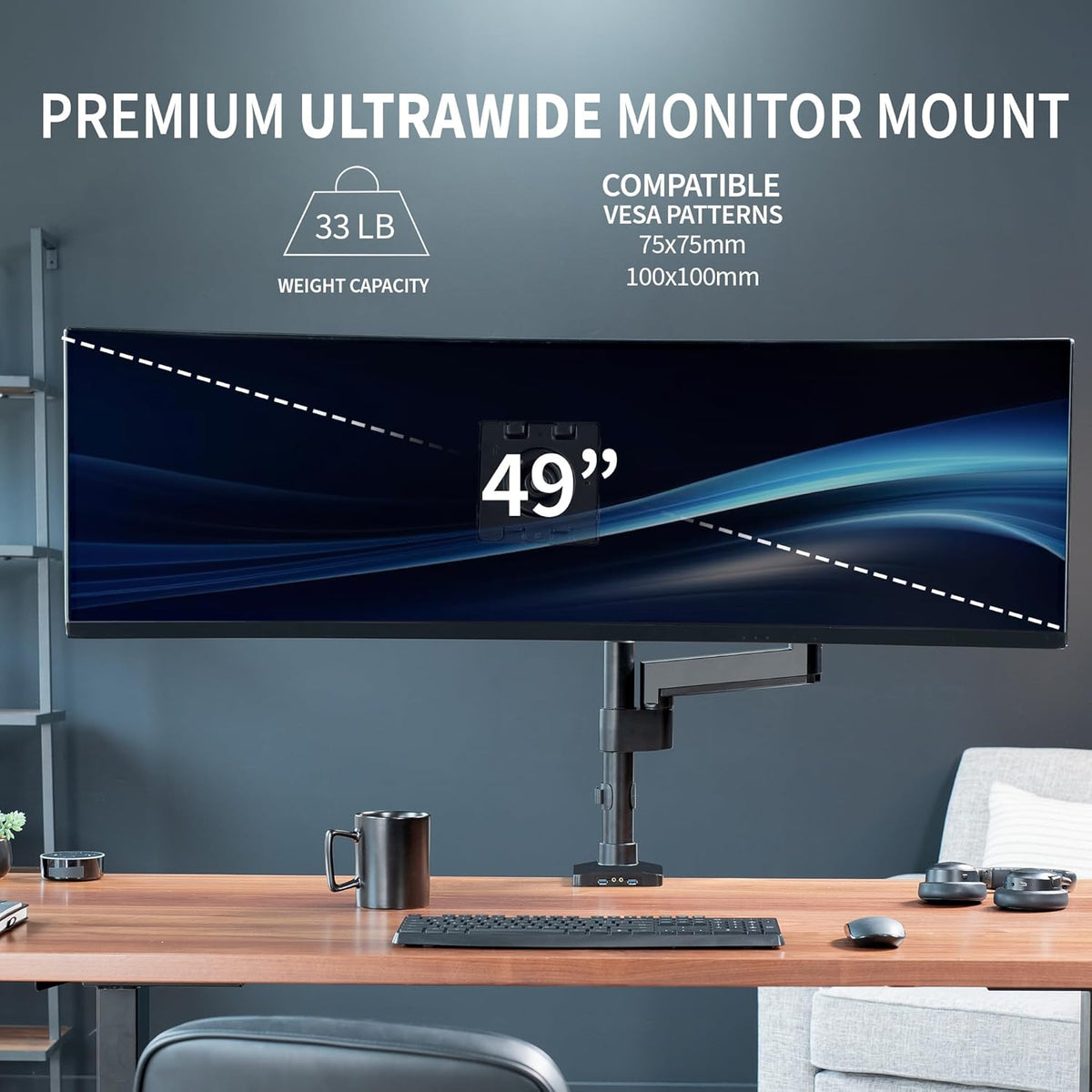VIVO Premium Aluminum Tall Extended Monitor Arm for Ultrawide Monitors up to 49 inches and 33 lbs, USB Single Desk Mount Stand, Pneumatic Height Adjust, Max VESA 100x100, Black, STAND-V101GTU