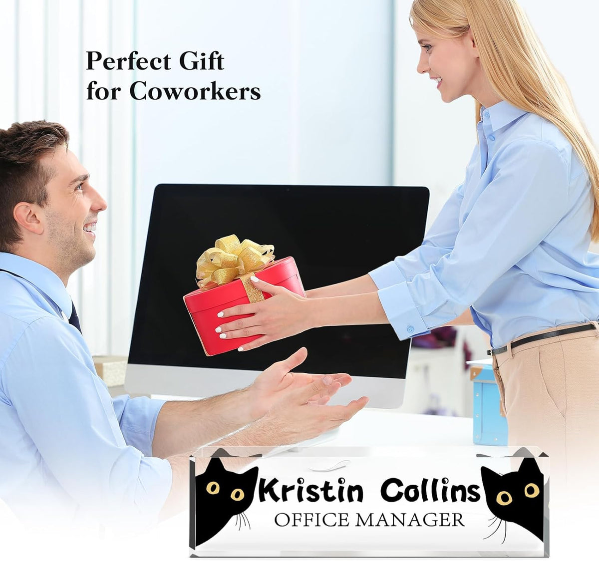 Custom Name Plate for Desk, Acrylic Office Decor For Women Men, Personalized Office Desk Accessories, Teacher Employee Appreciation Gifts For Social Worker Boss Coworkers (Cat)