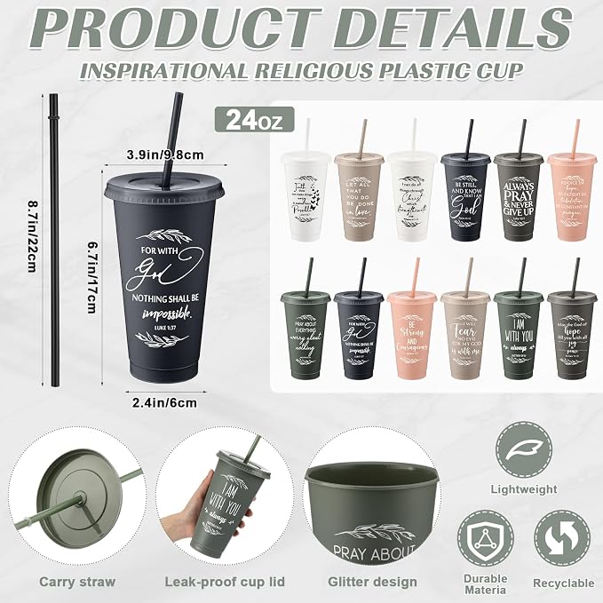 Havawish 24 Pcs Mothers Day Christian Tumbler Gift Bulk Religious Inspirational 24 oz Drinking Jesus Cup with Lid Straw Bible Verse Plastic Cup for Church Father Teacher First Communion (Vivid Color)
