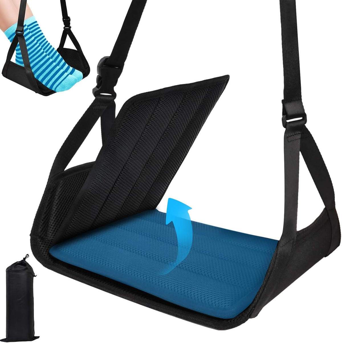 Airplane Foot Hammock （ Memory Foam） 2 in 1 Removable Support Pad， Portable Desk Footrest Hammock， Perfect Long Flight Travel Essentials， Foot Rest for Plane Travel Foot Leg Rest