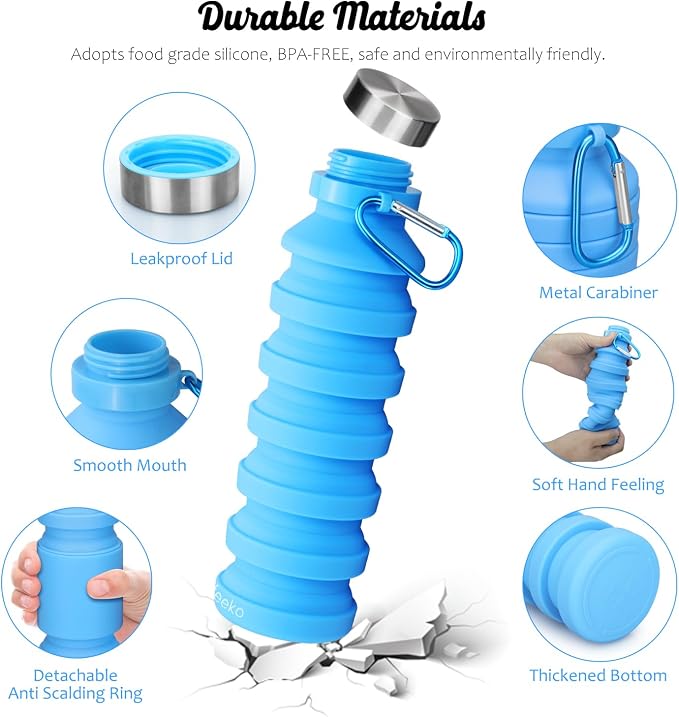 Nefeeko Collapsible Water Bottle, Reuseable BPA Free Silicone Foldable Water