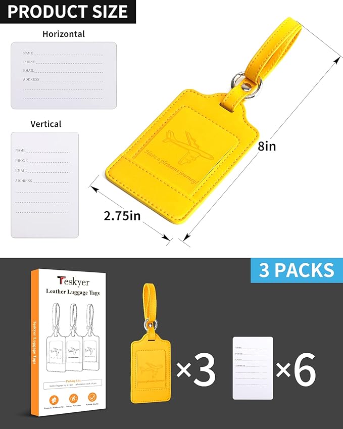 Teskyer Luggage Tags, 3 Pack Premium PU Leather Luggage Tags