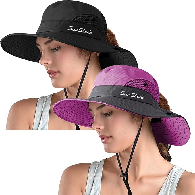 ZOORON Women's Ponytail Safari Sun Hat, Wide Brim UV Protection Outdoor Bucket