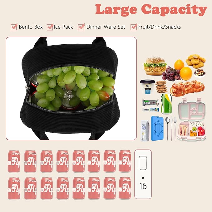 FlowFly Lunch Bag for Women Insulated Lunch Box Corduroy Lunch Tote Cooler for
