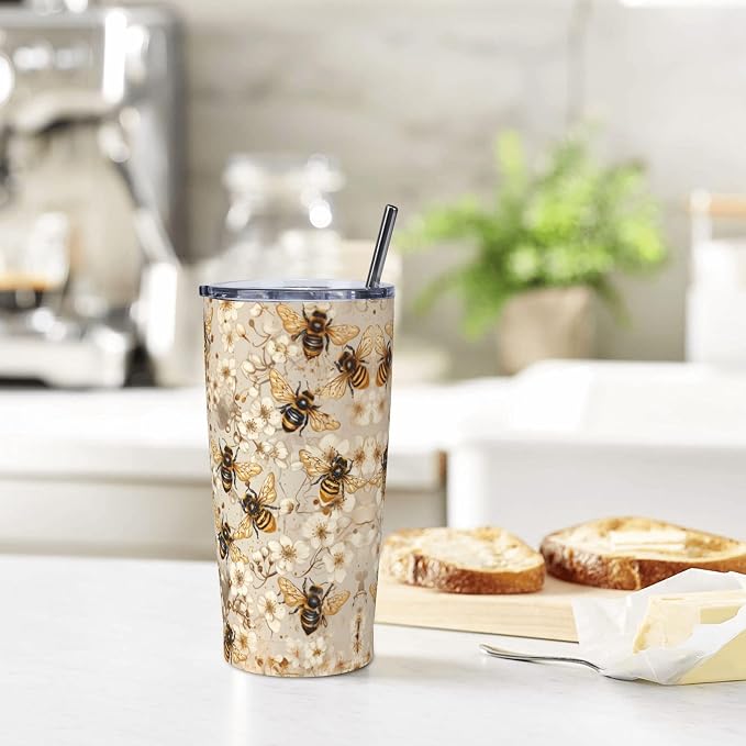 Bee Tumbler with Lid and Straw 20oz Vacuum Insulated Coffee Cup Stainless Steel Tumblers Leakproof Travel Mug Present for Women Men