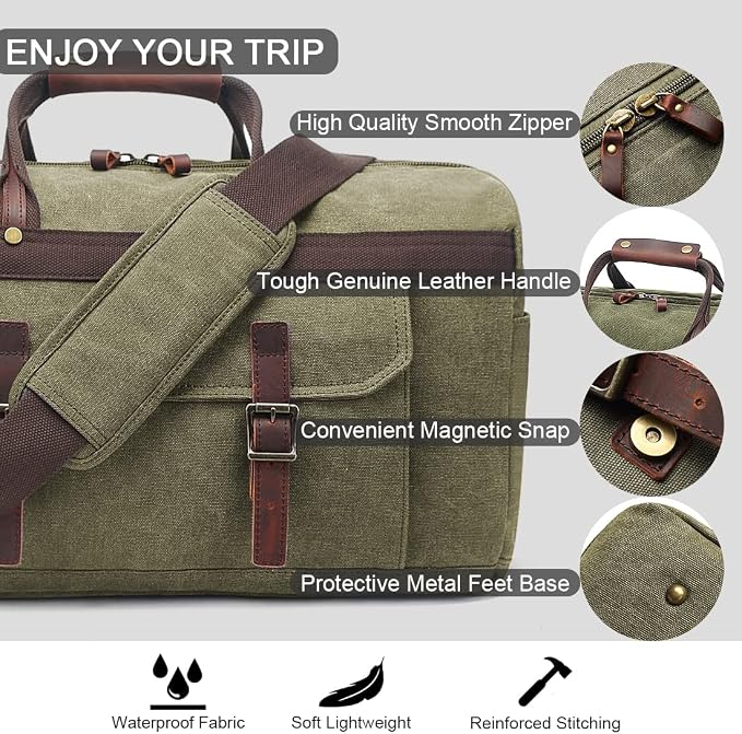 Duffle Bag for Men Waterproof Genuine Leather Canvas Travel Duffel Bags for