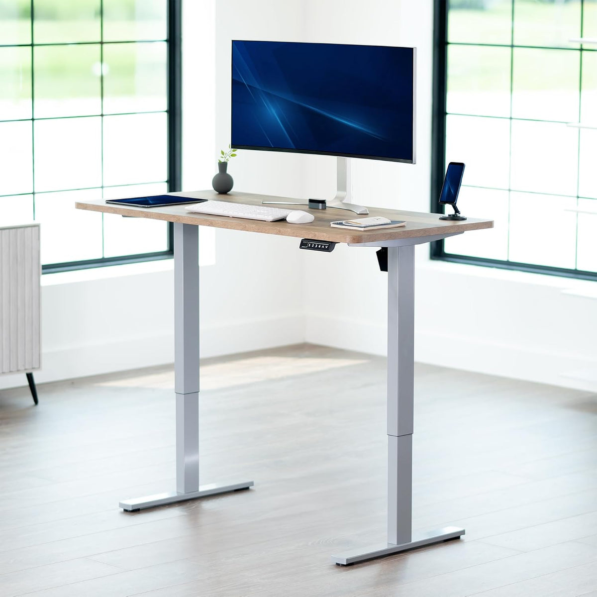 VIVO Electric 55 x 28 in Standing Desk, Memory Height Adjustment, 1B Series, One-Piece Reclaimed Wood Top, Gray Frame, DESK-KIT-1G55P