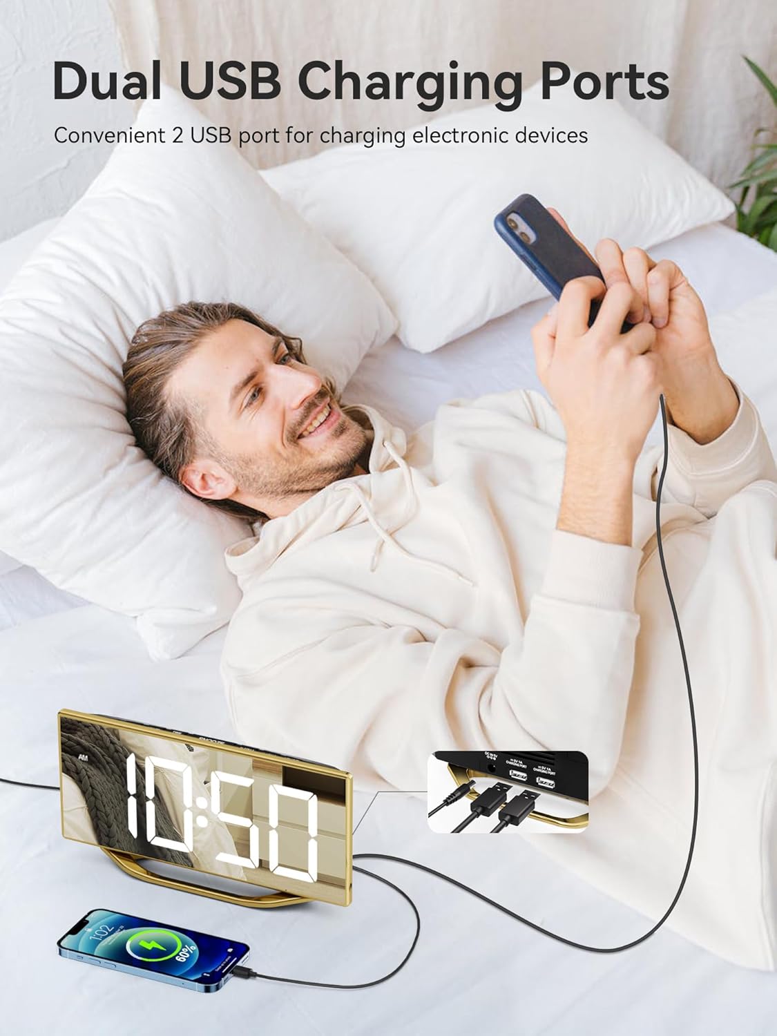 Digital Alarm Clock for Bedrooms, Slim LED Desk Clock with Gold Mirror Finish, 7 Levels Brightness, Dual USB Ports, Snooze, 12/24H, 8.7" Large Display Modern Bedside Clock for Home Office Decor