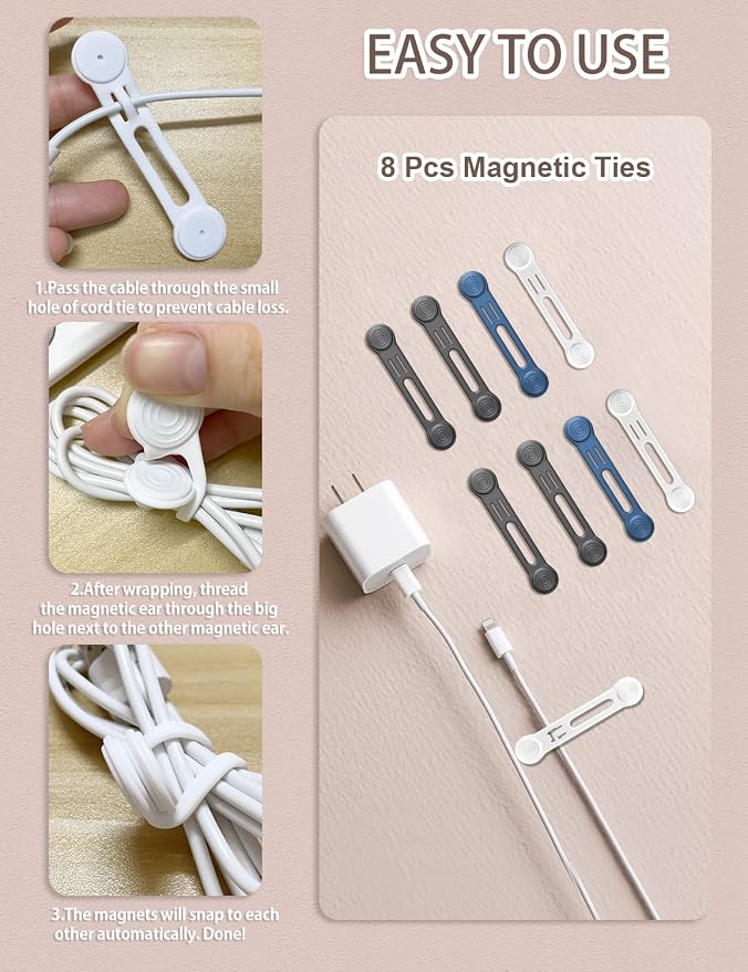 Kanemc 8 Pack Magnetic Twist Ties, Silicone Magnet Cable Tie Reusable Cord Strap
