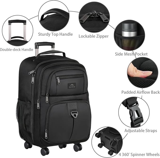 MATEIN Rolling Backpack with 4 Wheels, 17 inch Roller Travel Laptop Backpack