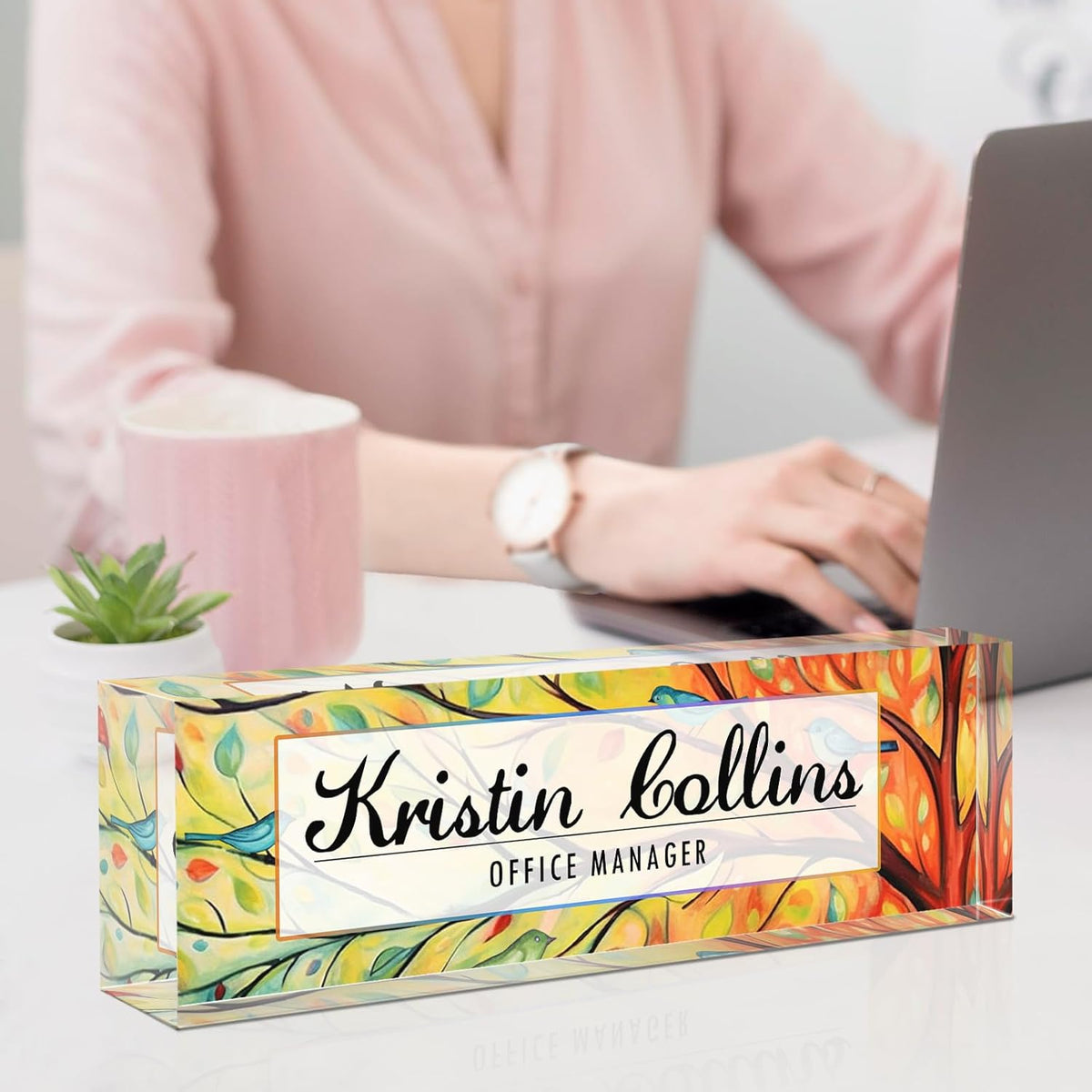 Custom Name Plate for Desk, Acrylic Office Decor For Women Men, Personalized Office Desk Accessories, Teacher Employee Appreciation Gifts For Social Worker Boss Coworkers (Birds)