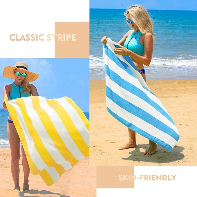 Exclusivo Mezcla 2 Pack Cotton Oversized 35x70 Inches Cabana Stripe Beach Towels, Super Absorbent Soft Plush Pool Bath Towel (Blue)