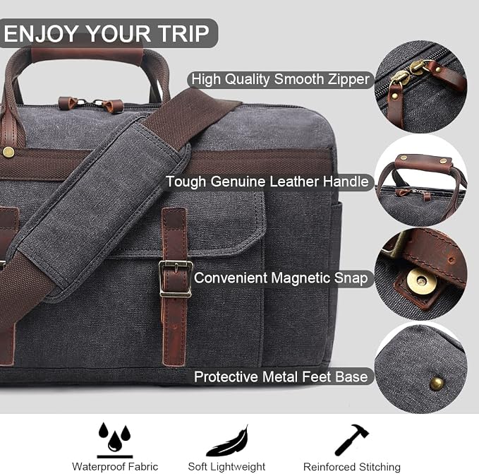 Duffle Bag for Men Waterproof Genuine Leather Canvas Travel Duffel Bags for