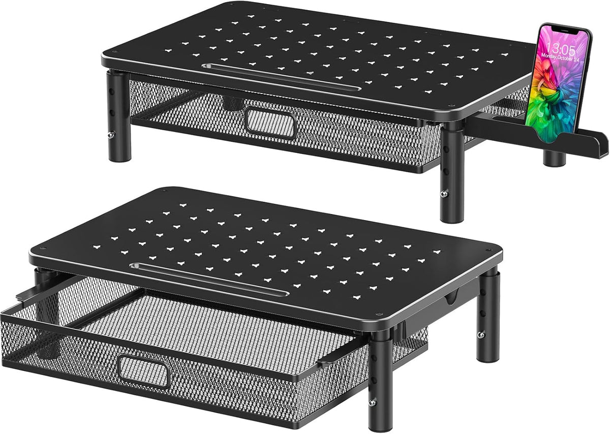 Zimilar 2 Pack Monitor Stand Riser with Metal Drawer, 3 Height Adjustable Monitor Riser with Phone Holder for Printer, Laptop, Premium Metal Computer Monitor Stand with Storage for 2 Monitors