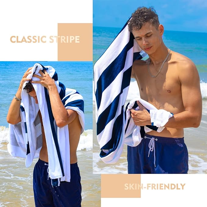 Exclusivo Mezcla 2 Pack Cotton Large 30x60 Inches Cabana Stripe Beach Towels, Super Absorbent Soft Plush Pool Towel Bath Towel (Dark Navy)