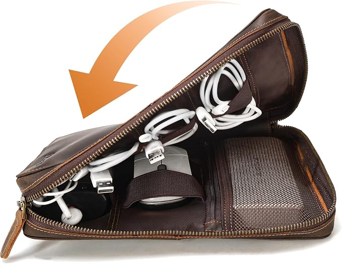 Polare Full Grain Leather Travel Cable Organizer Case Electronics Accessories