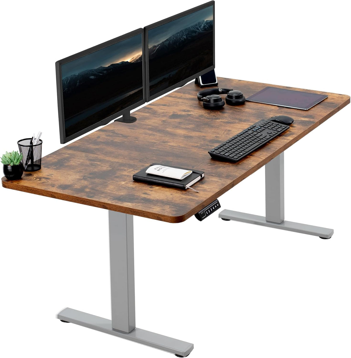 VIVO Electric 60 x 30 in Rustic Standing Desk, Memory Height Adjustment, 1B Series, Vintage Brown Top Gray Frame, DESK-KIT-1G6N-30
