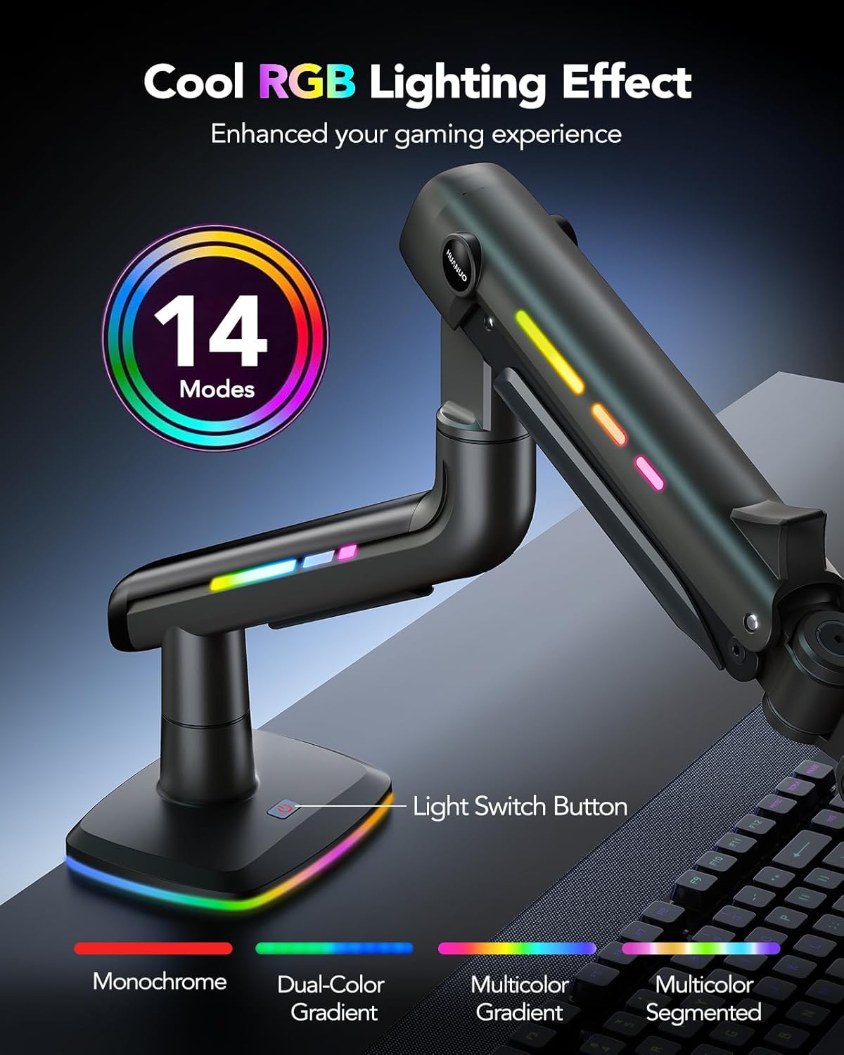 HUANUO RGB Monitor Arm for Ultrawide Screens up to 57″, Heavy-Duty Single Mount Holds 44 lbs, Fully Adjustable Gaming Monitor Arm with C-Clamp & Grommet Base, Max VESA 100 x 100mm