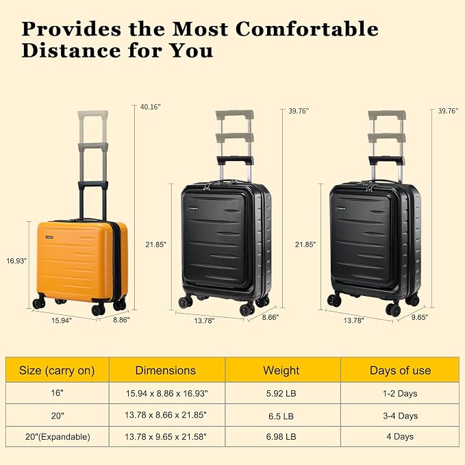 16 Inch Carry On Luggage Airline Approved, Expandable Lightweight ABS+PC Hard
