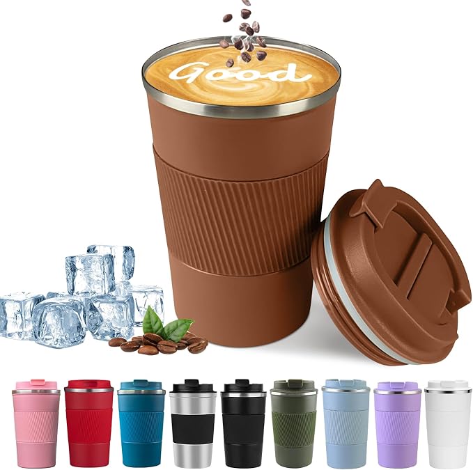 YINBAOGE Insulated Travel Coffee Mug, Spill & Leak Proof, Portable To Go Camping Stainless Steel Coffee Tumbler, Reusable Thermal Coffee Cup with Lid for Hot & Cold Drinks (Brown, 12 OZ)