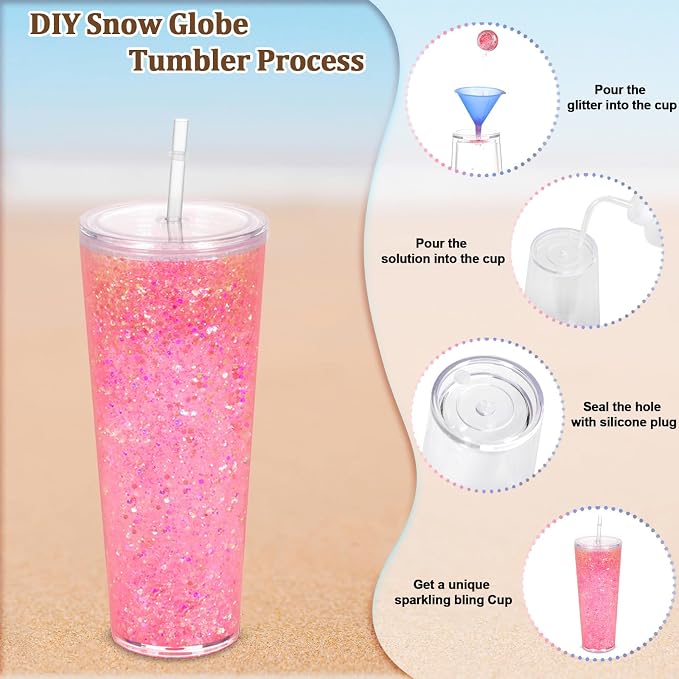 6 Pack 24Oz Snow Globe Tumblers, Double Wall Acrylic Snowglobe Cup with Pre Drilled Hole, Lids, Straws and Plug, Reusable Clear Plastic Tumbler for Snow Globe Glitter DIY
