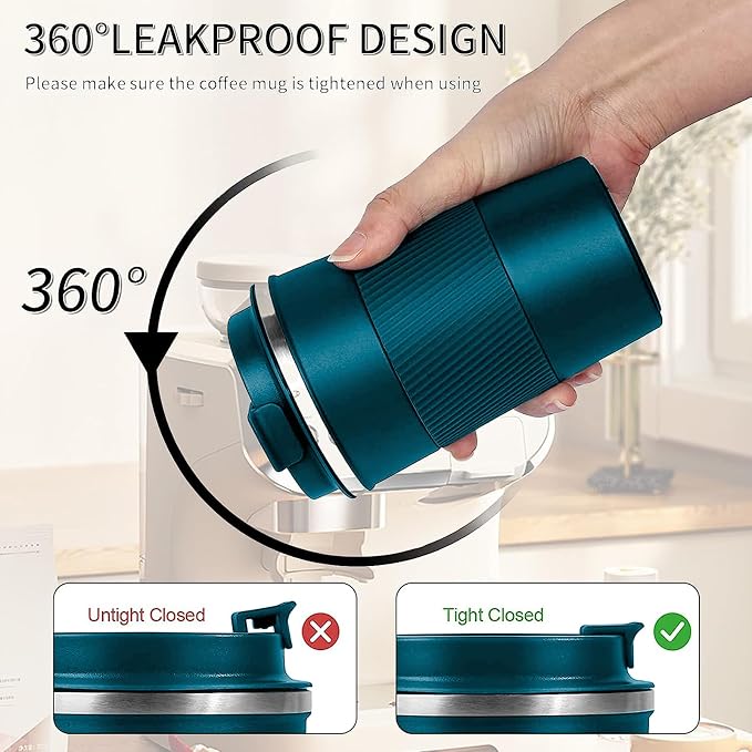YINBAOGE Insulated Travel Coffee Mug, Spill & Leak Proof, Portable To Go Camping Stainless Steel Coffee Tumbler, Reusable Thermal Coffee Cup with Lid for Hot & Cold Drinks (Blue, 12 OZ)