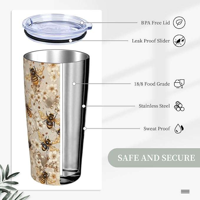 Bee Tumbler with Lid and Straw 20oz Vacuum Insulated Coffee Cup Stainless Steel Tumblers Leakproof Travel Mug Present for Women Men