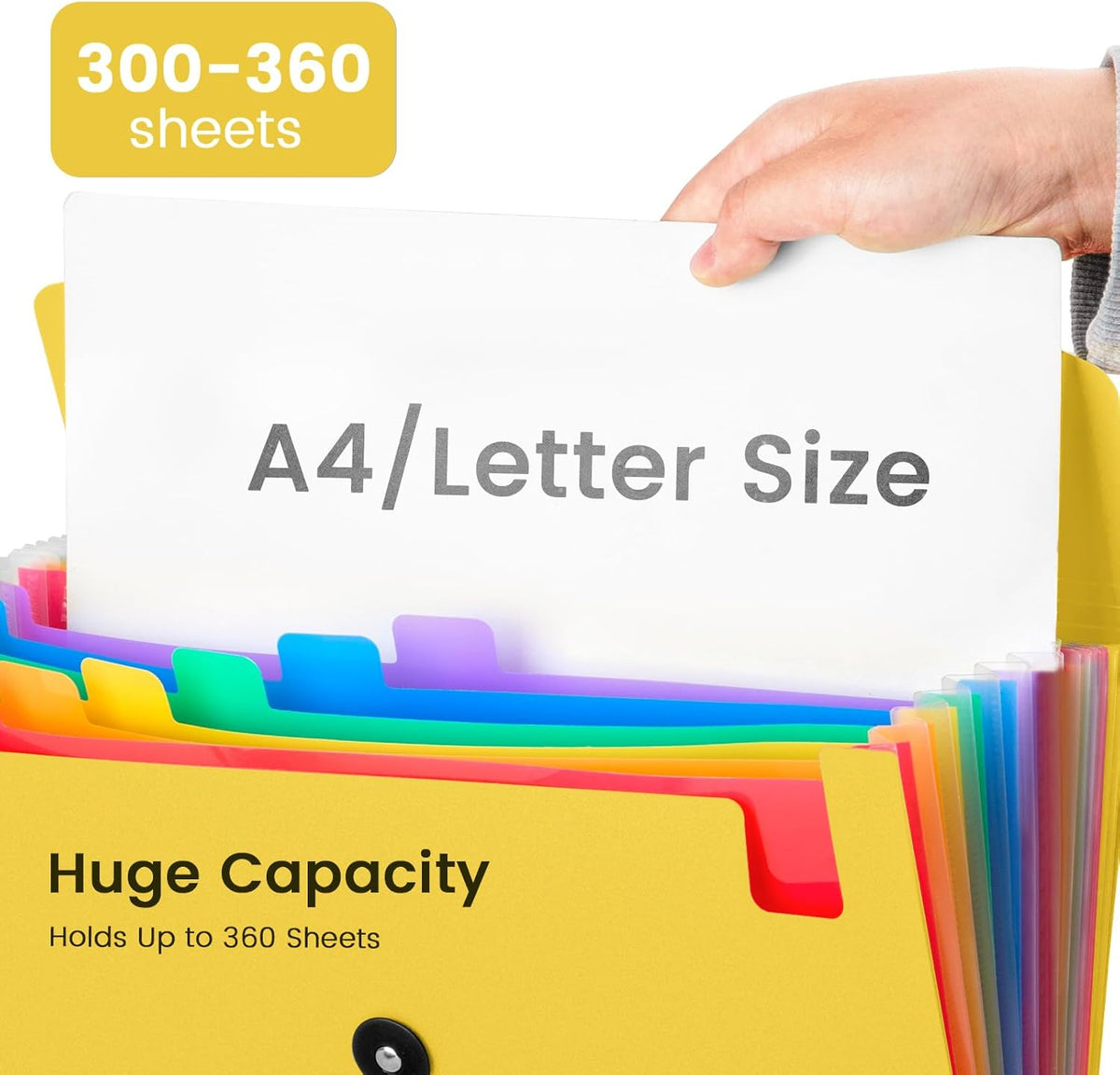 13 Pocket Accordion File Organizer with Elastic Closure, Expanding File Folder for Letter Size A4 Papers, Ideal for Home, Office Supplies, College Essentials - Yellow