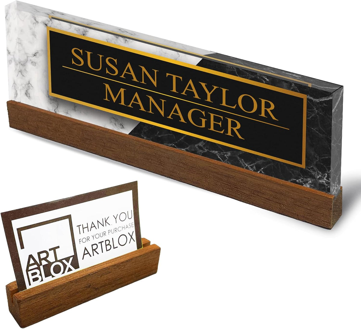 Artblox Personalized Office Desk Name Plate and Business Card Holder | Clear Acrylic Glass with Teak Wood Stand | Black White Marble Design Customized with Your Name and Credentials Office Desk Decor