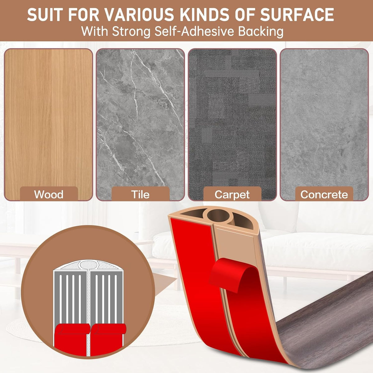 Floor Cord Cover Self Adhesive Cord Hider Floor Extension Cord Covers for Floor Power Cord Protector Cable Management Prevent Cable Trips Cable Cavity 0.32" W x 0.32" H (Brown Walnut Wood, 20Ft)