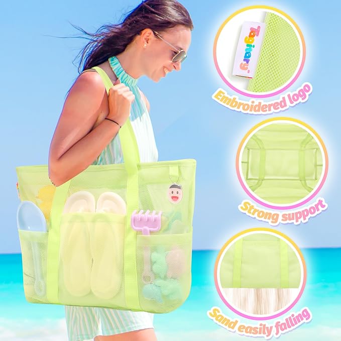 Tagitary Mesh Beach Bag with Zipper Large Beach Tote Waterproof Sandproof with