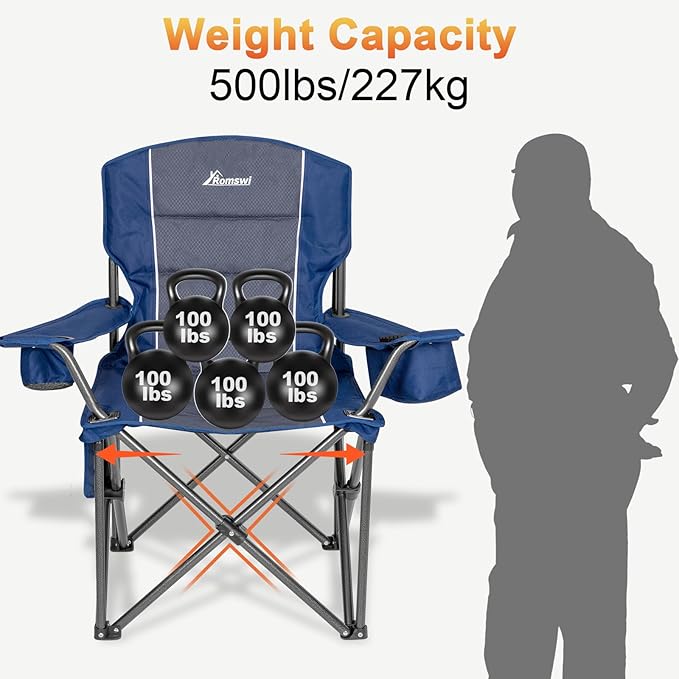 Romswi Oversized Camping Chairs, Heavy Duty Support 500 LBS, Padded Back & Arm
