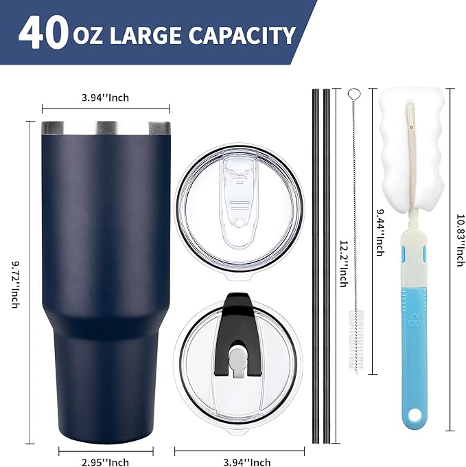 40 oz Tumbler with Lids and Straws, Stainless Steel Insulated Coffee Tumbler, Double Wall Vacuum Insulated Travel Mug Cup, Leakproof Thermal Coffee Cup for Hot and Cold Drinks (Navy Blue)