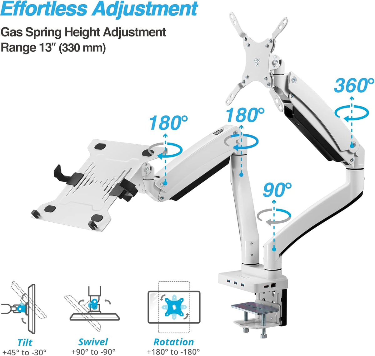 AVLT Dual 17”-43" Monitor Arm Desk Mount with 15" Laptop Tray and USB-C Docking Station, HDMI 4K60Hz, USB-A 5Gbps, Ethernet, 100W PD, Fits Two Flat/Curved Monitor - White