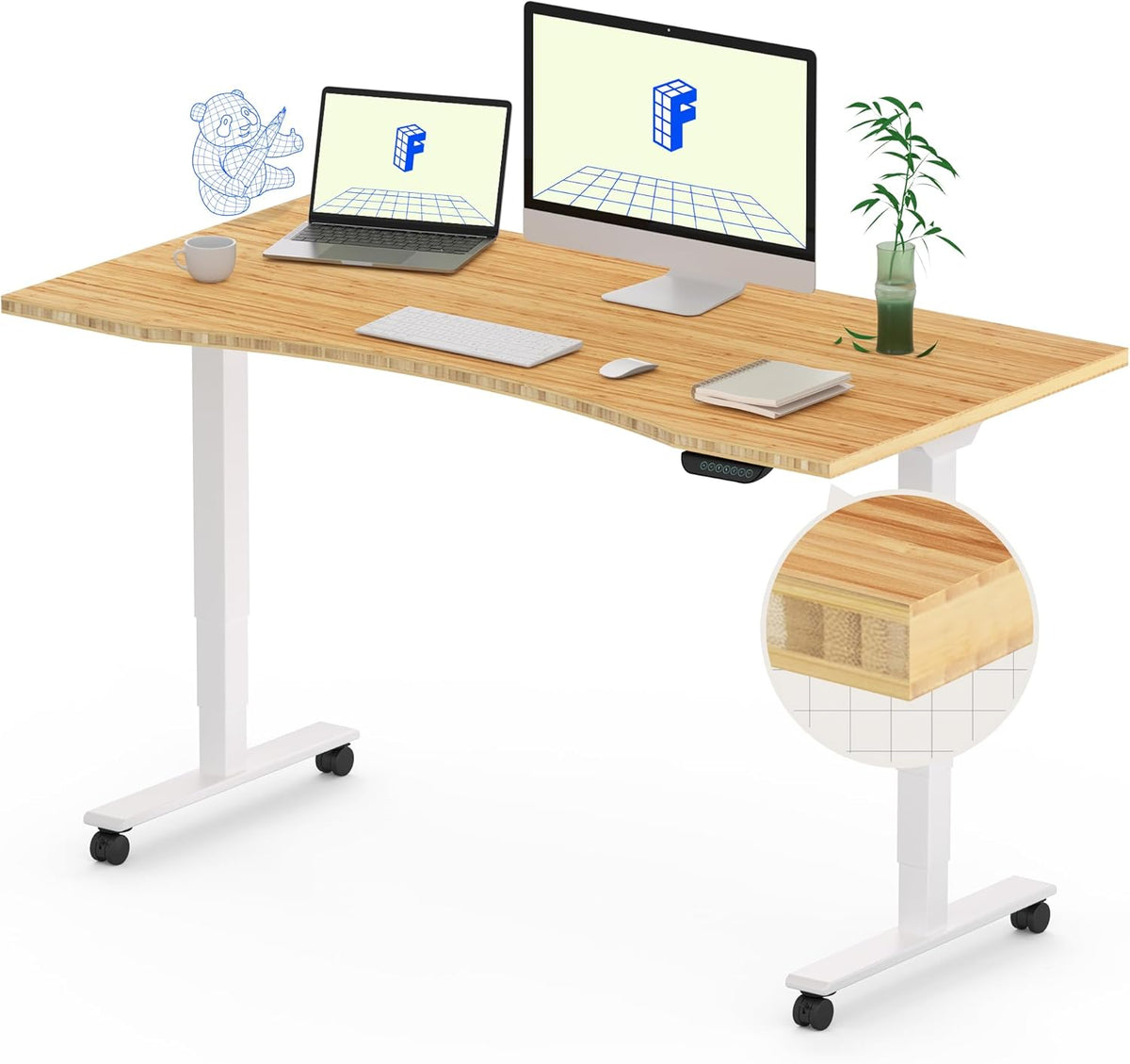 FLEXISPOT E6 MAX Bamboo Dual Motor 3 Stages Standing Desk 48x24 Inch Whole-Piece Board Electric Height Adjustable Stand Up Desk 150KG Load Capacity(White Frame + Bamboo Curved Desktop)