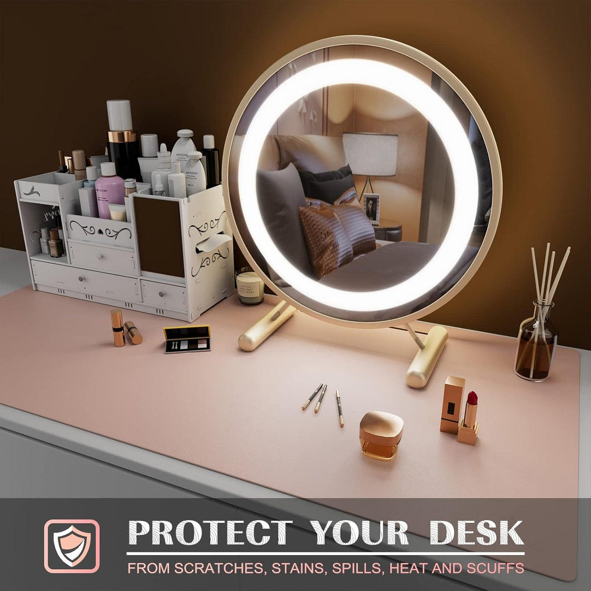 K KNODEL Small Office Leather Desk Mat, Mouse and Keyboard Pad, Computer and Laptop Mat, Desktop Protector and Cover, Writing Pad and Blotter (23.6"x13.8", Pink)