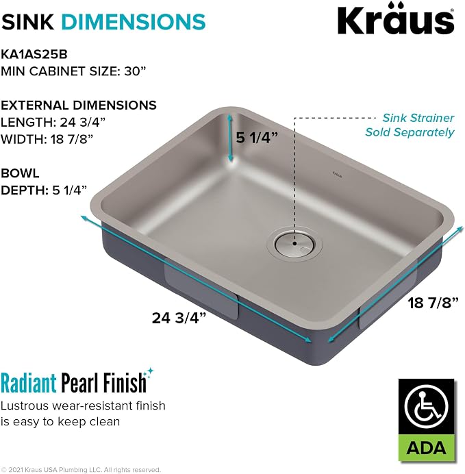 KRAUS Dex 25-inch Undermount 16 Gauge Stainless Steel Single Bowl ADA Kitchen