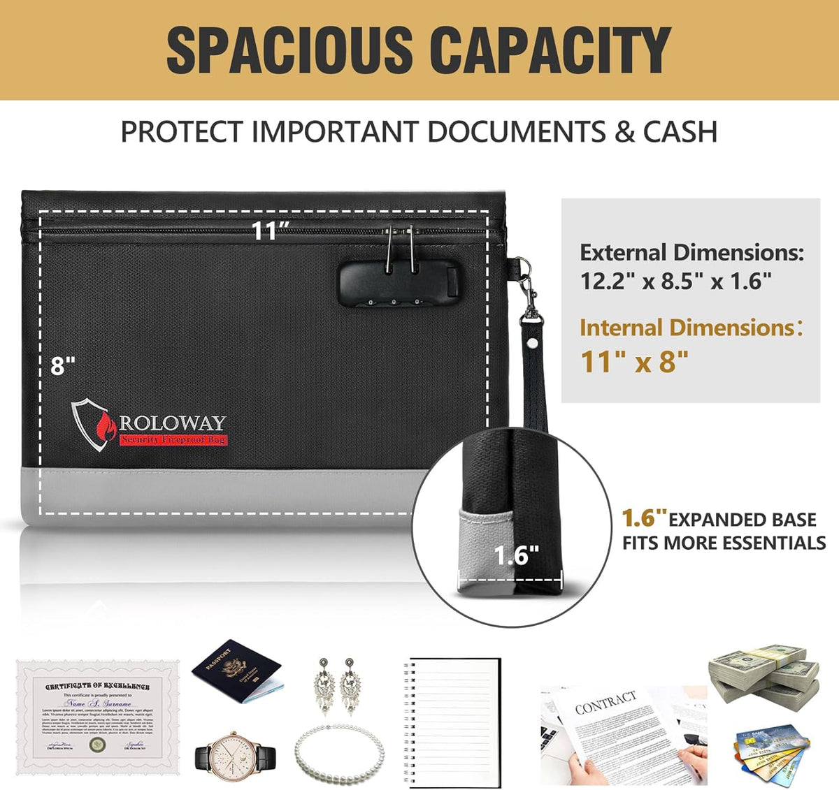 ROLOWAY Fireproof Money Bag with Lock for Cash, 6400°F Fire Proof Document Bag (12.2 x 8.5 x 1.6 inches), Money Pouch with Zipper (Black)