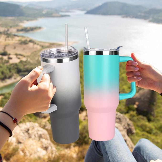 SYACOT 40 oz Tumbler with Handle and Straw Stainless Steel Insulated Tumbler Leak Proof Lid and Straw Lid Reusable Travel Mug Coffee Mug Cup Dishwasher Safe Keep Drinks Cold and Hot (Grey&Black)