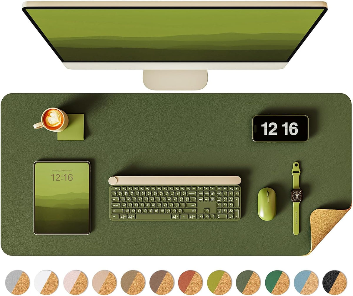 YSAGi Double-Sided Desk Pad, 31.5"x15.7"Leather Desk Mat, Eco Cork Desk Pad Protector,Large Mouse Pad,Waterproof Desk Blotter for Office/Home(Olive Green)