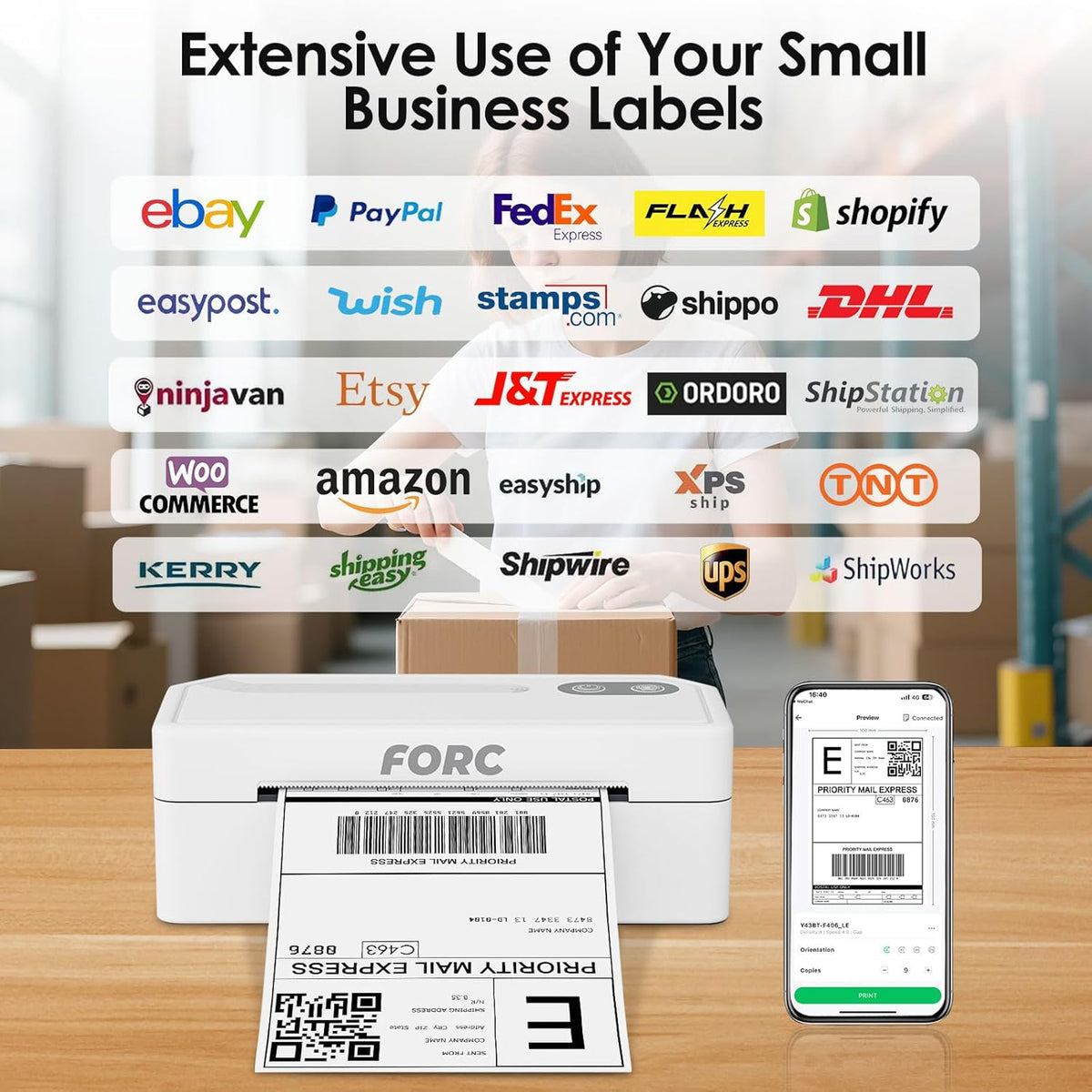 Forc Shipping Label Printer,4X6 Thermal Label Printer for Small Business & Office Package,Compatible with Android, iOS, Windows and Mac, Widely Used for Amazon,UPS,Etsy,USPS