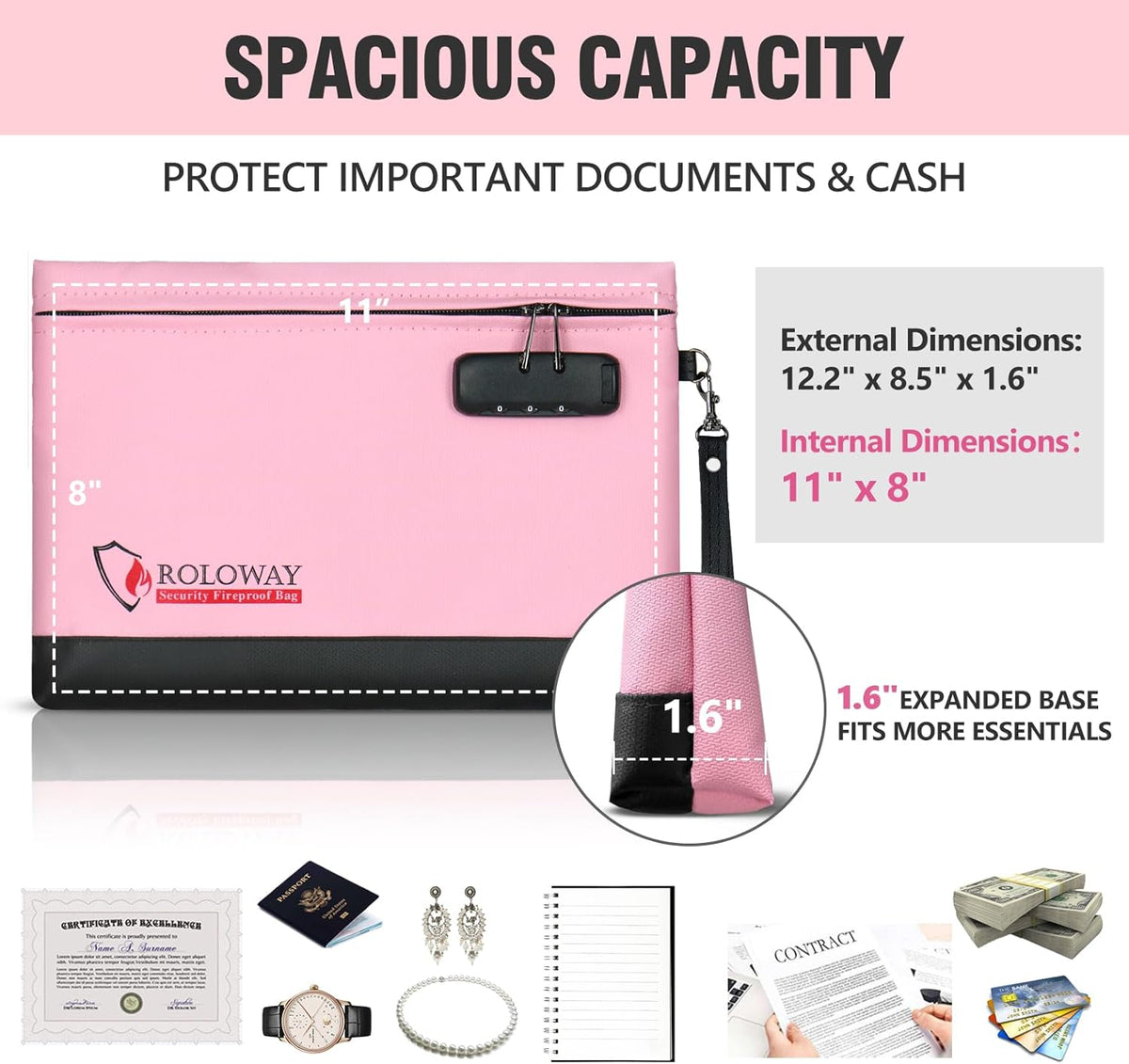 ROLOWAY Fireproof Money Bag with Lock for Cash, 6400°F Fire Proof Document Bag (12.2 x 8.5 x 1.6 inches), Money Pouch with Zipper (Pink)